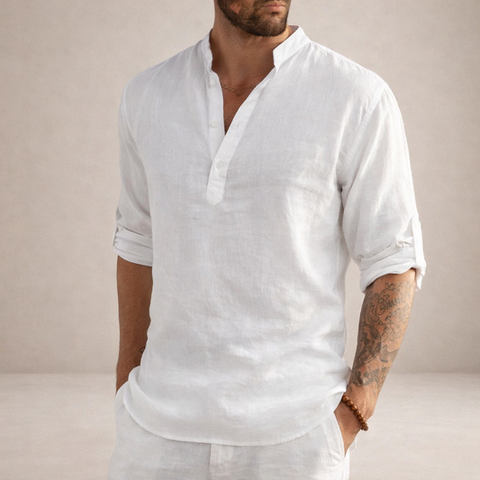 Men's Linen Shirt Standing Collar - White