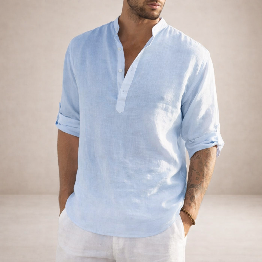 Men's Linen Shirt Standing Collar - Light Blue
