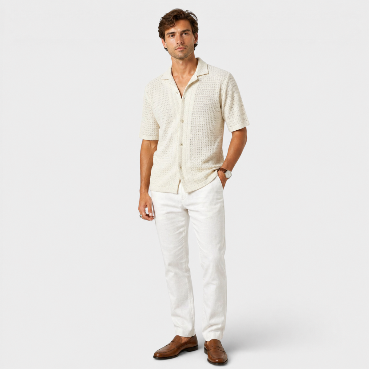 Elegant Smart Casual Shirt - Beige patterned styled