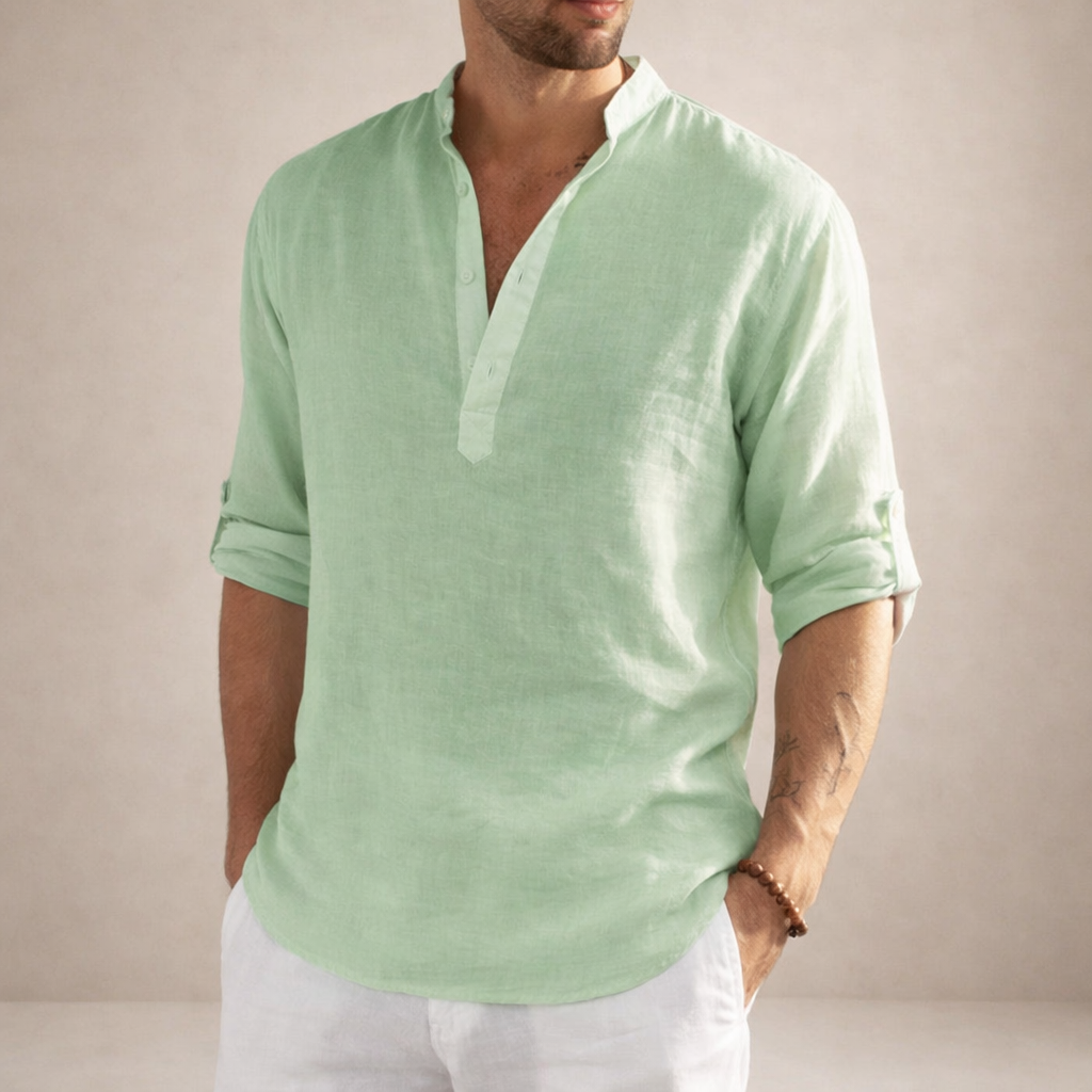 Men's Linen Shirt Standing Collar - Light Green
