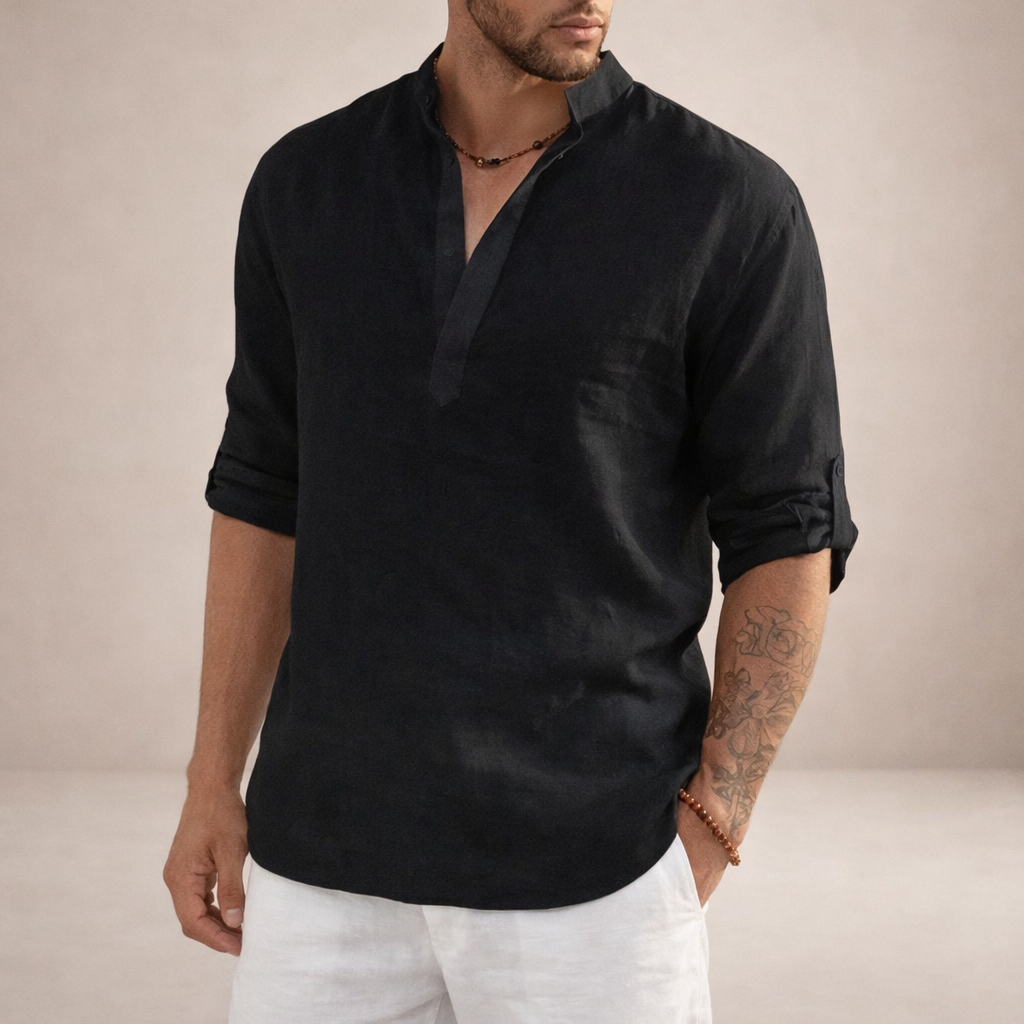 Men's Linen Shirt Standing Collar - Black