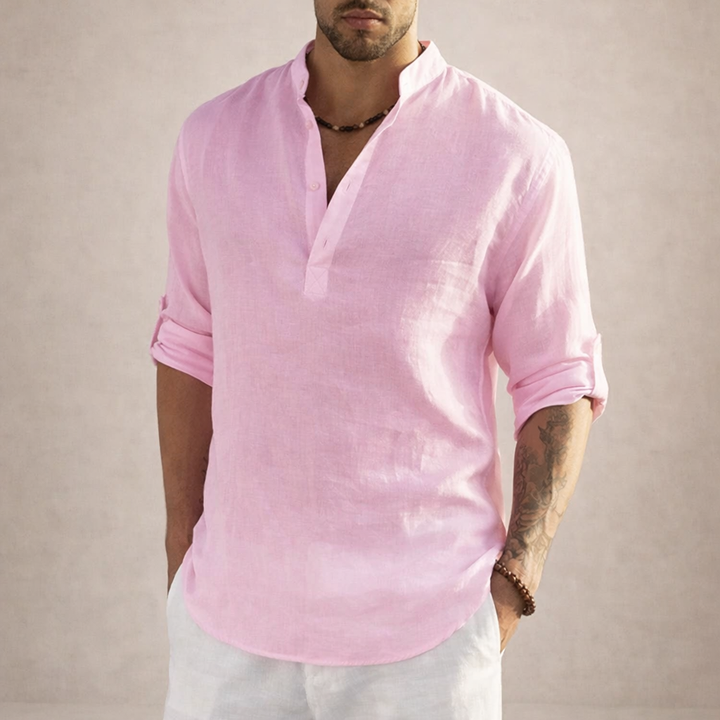 Men's Linen Shirt Standing Collar - Pink