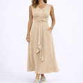Sleeveless Waist-Tie Midi Dress - Beige