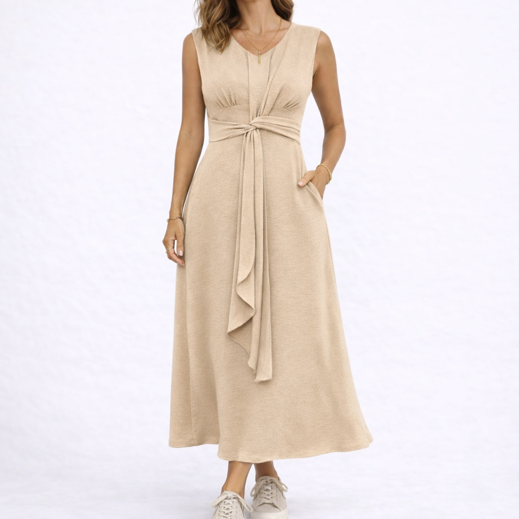 Sleeveless Waist-Tie Midi Dress - Beige