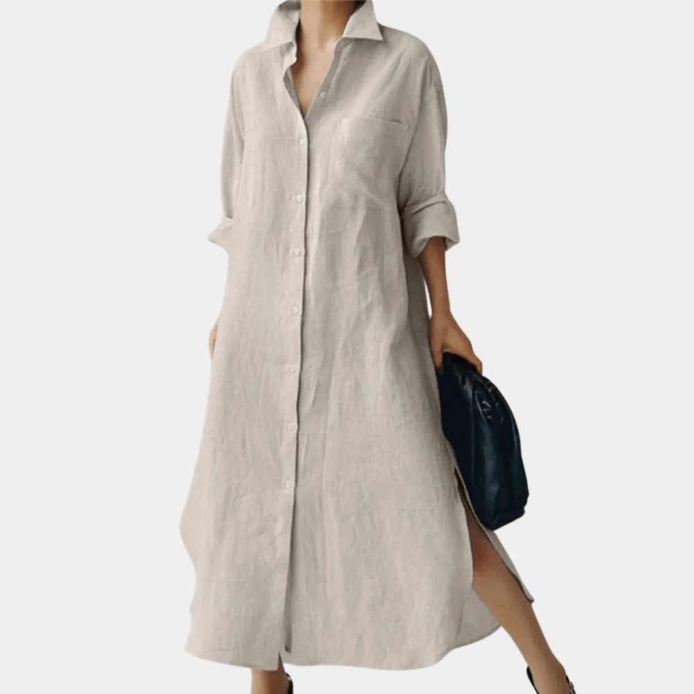 Oversized Cotton Shirt Dress - Beige