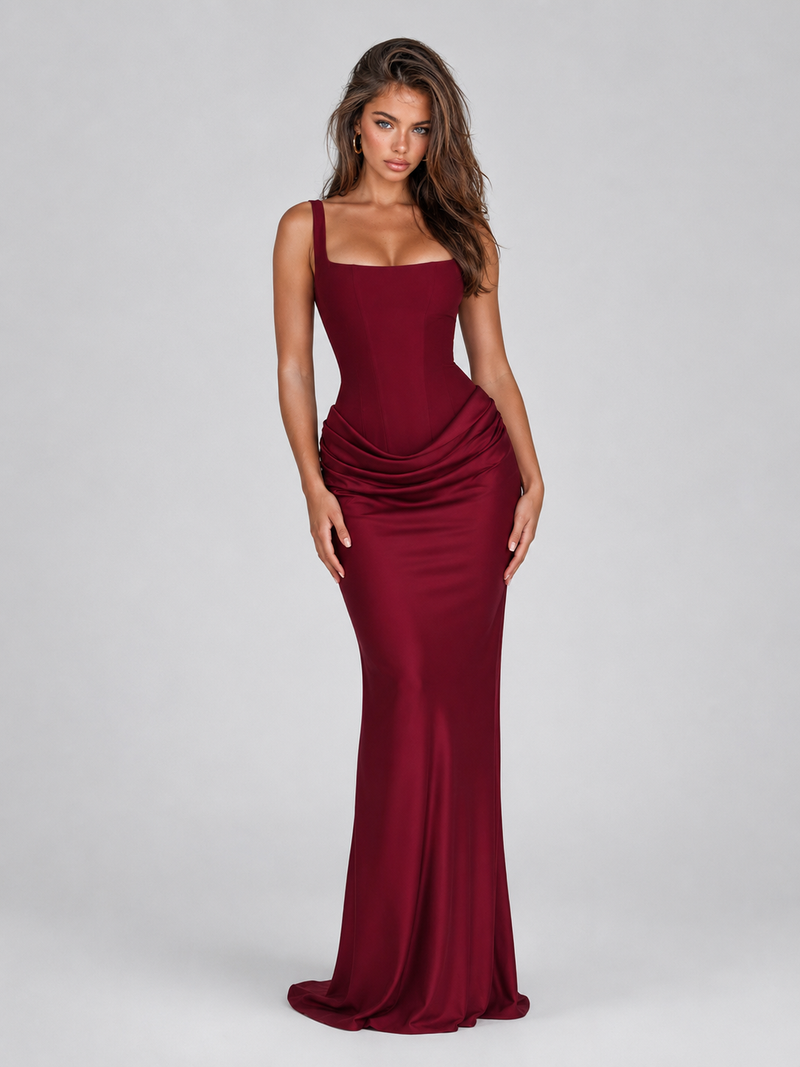 Bodycon Corset Maxi Dress - Burgundy