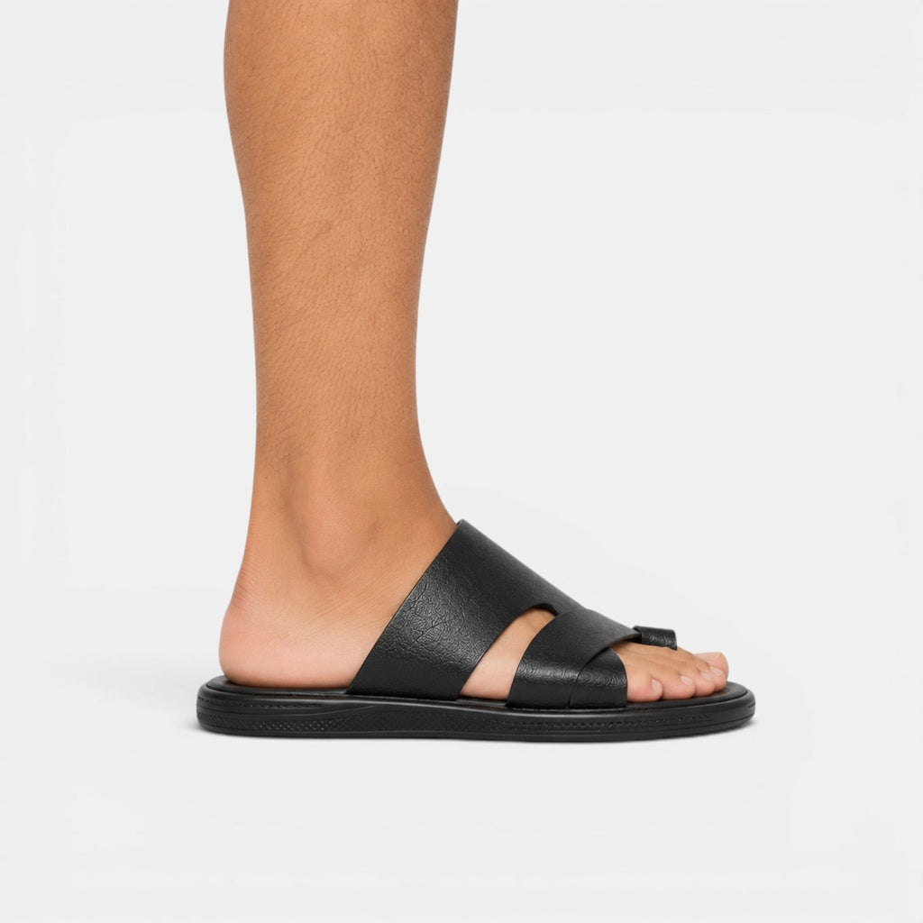 Comfortable Leather Sandals - Black worn foot