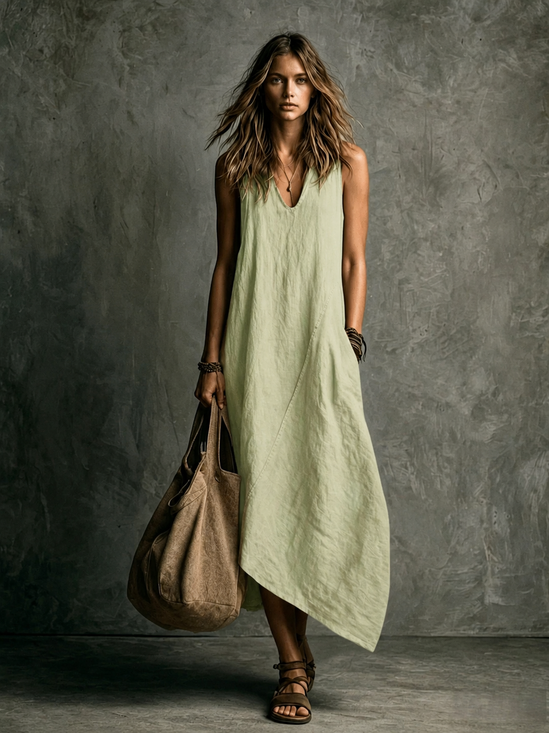 Relaxed Linen Maxi Dress - Light Green