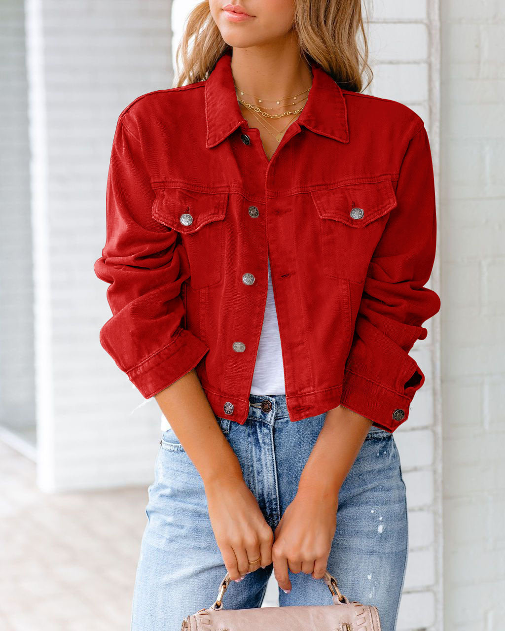 Cropped Denim Jacket - Red