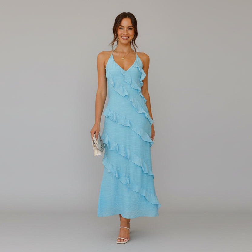 Elegant Ruffle Maxi Dress - Light Blue