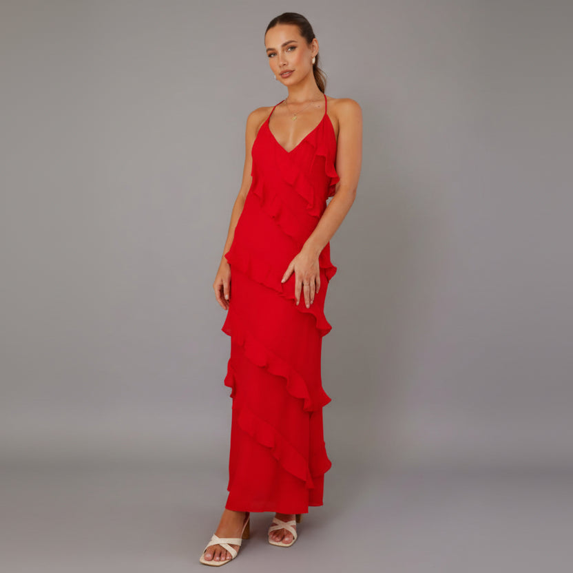 Elegant Ruffle Maxi Dress - Red
