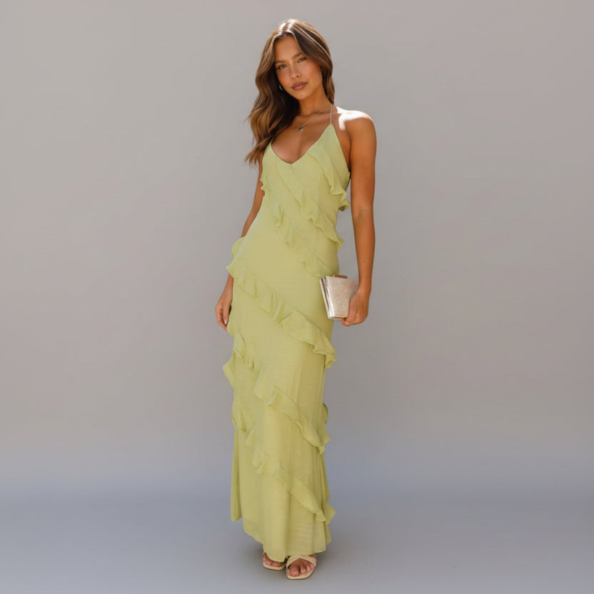 Elegant Ruffle Maxi Dress - Sage Green