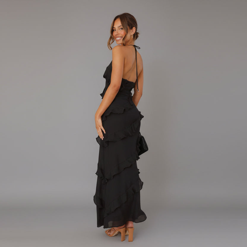 Elegant Ruffle Maxi Dress - Black