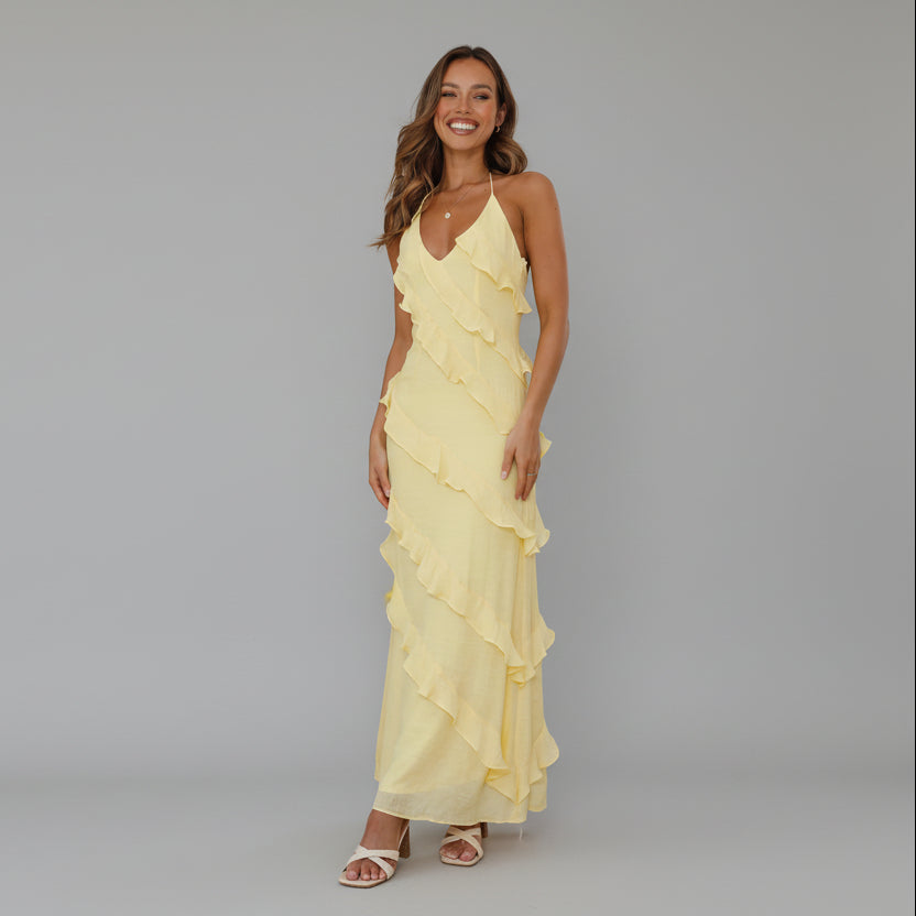 Elegant Ruffle Maxi Dress - Yellow