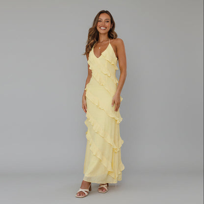 Elegant Ruffle Maxi Dress - Yellow