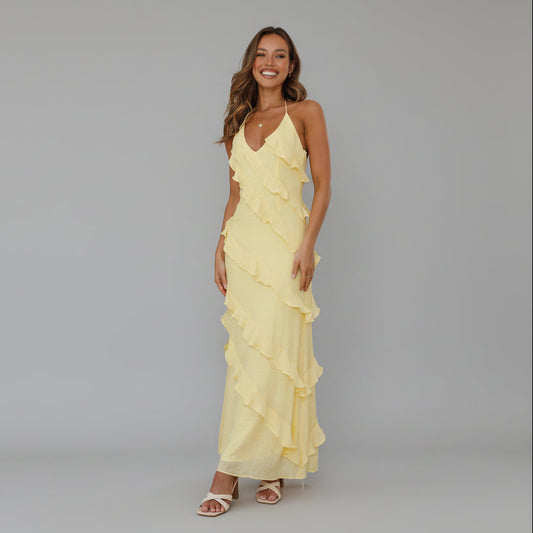 Elegant Ruffle Maxi Dress - Yellow