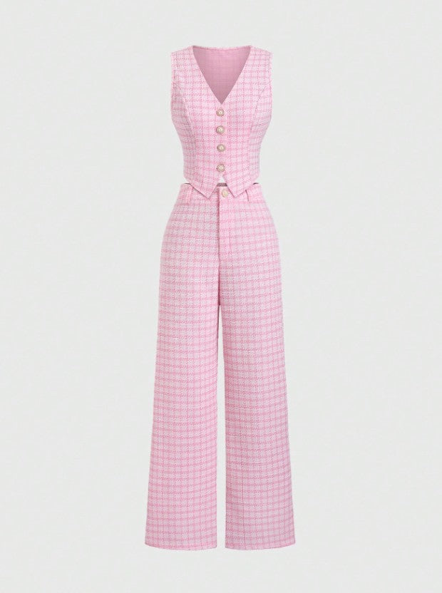 Pink Two-Piece Set - elegant waistcoat detail