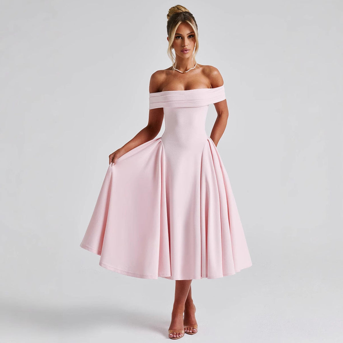 Off-Shoulder Flare Midi Dress - Pink