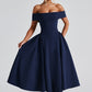Off-Shoulder Flare Midi Dress - Navy