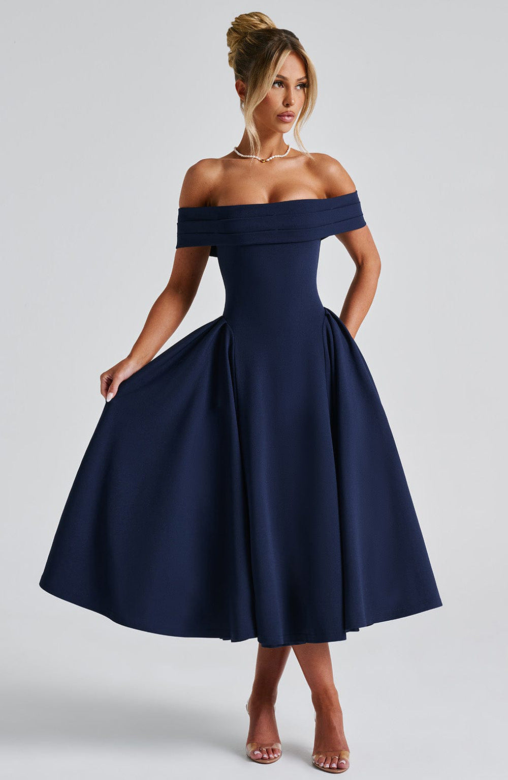 Off-Shoulder Flare Midi Dress - Navy