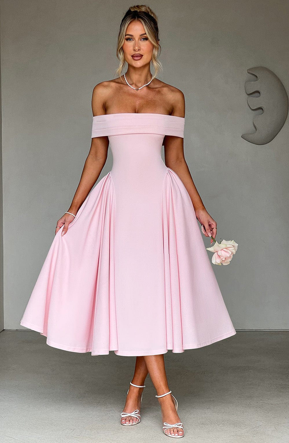 Off-Shoulder Flare Midi Dress - fabric detail