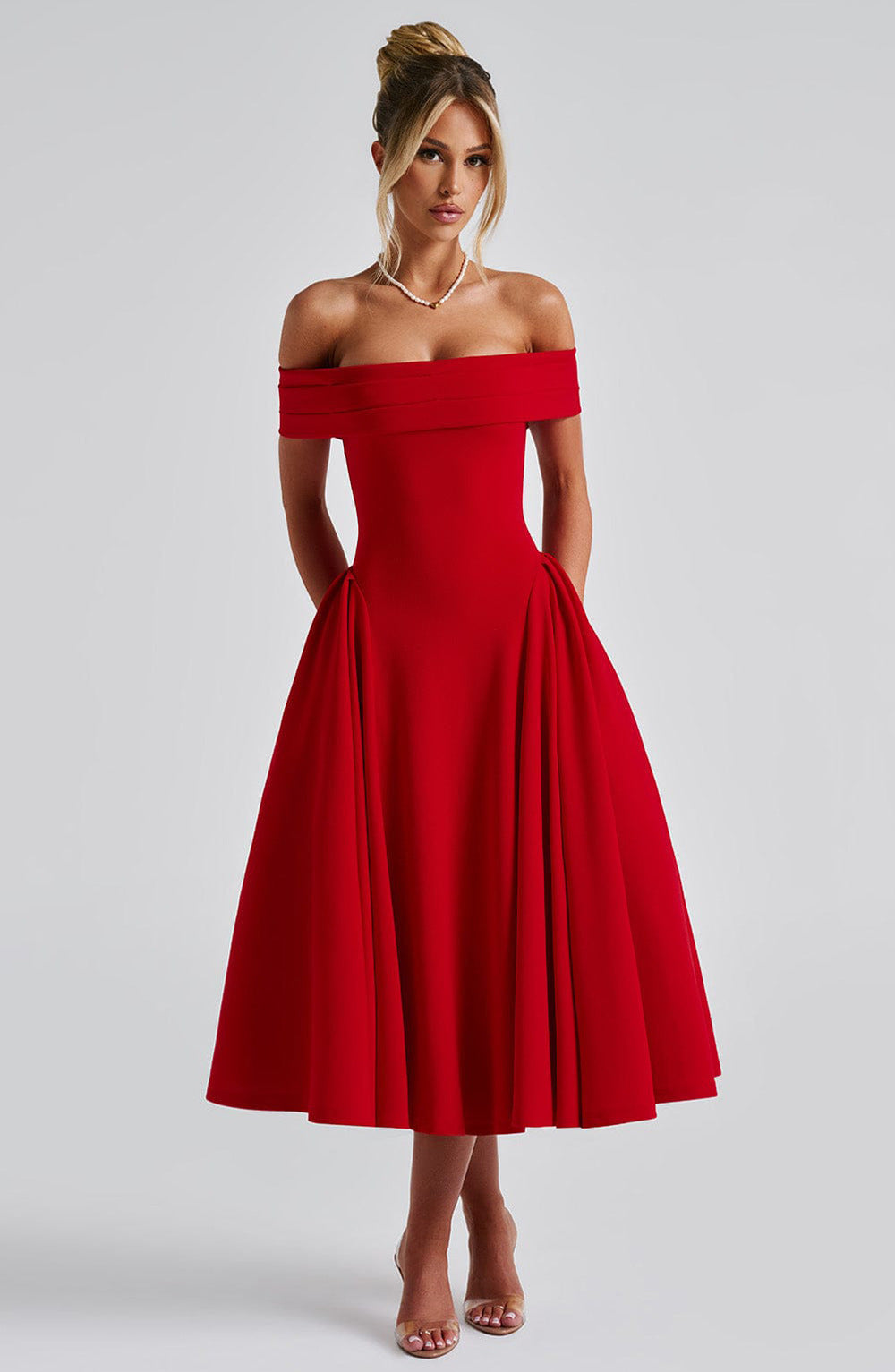 Off-Shoulder Flare Midi Dress - Red