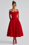 Off-Shoulder Flare Midi Dress - Red