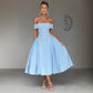 Off-Shoulder Flare Midi Dress - Light Blue