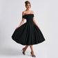 Off-Shoulder Flare Midi Dress - Black