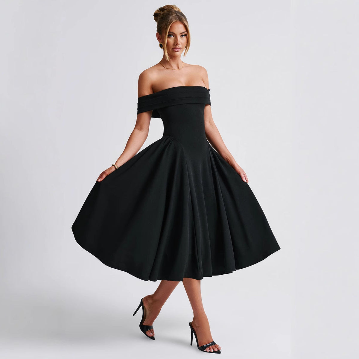 Off-Shoulder Flare Midi Dress - Black