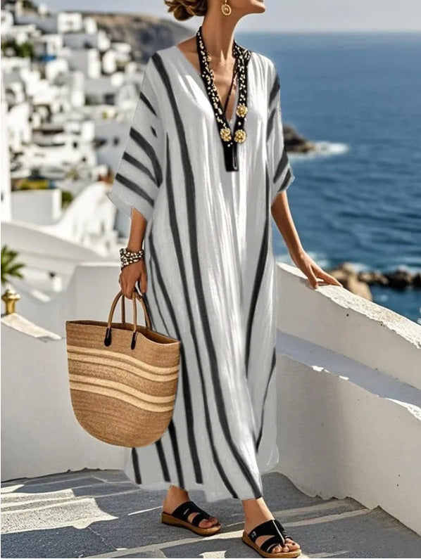 Elegant Mediterranean Long Kaftan Dress - Black and White
