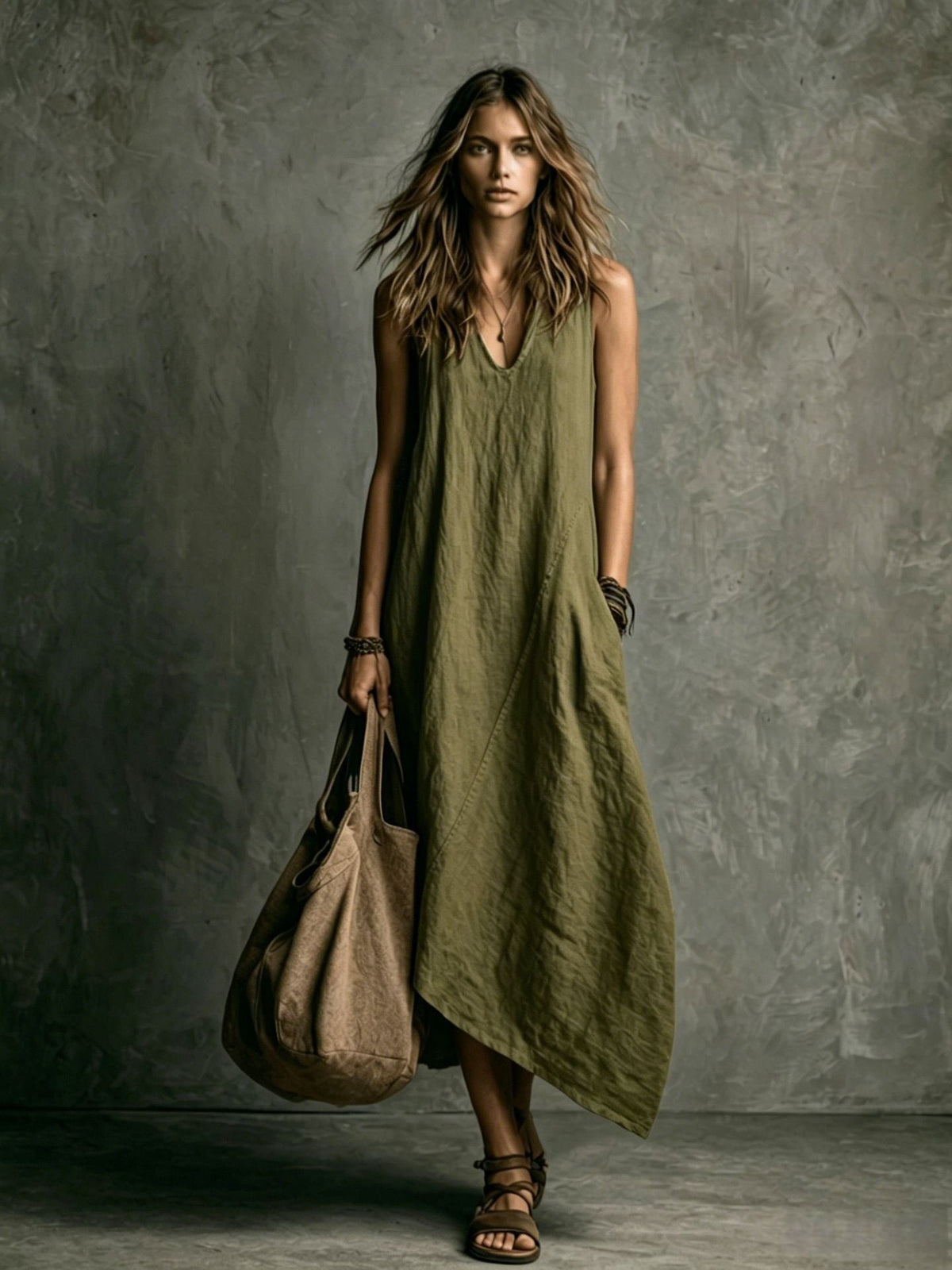Relaxed Linen Maxi Dress - Green