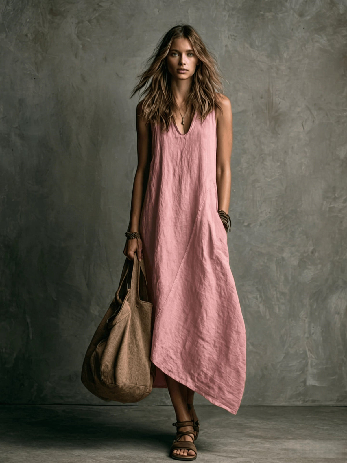 Relaxed Linen Maxi Dress - Pink