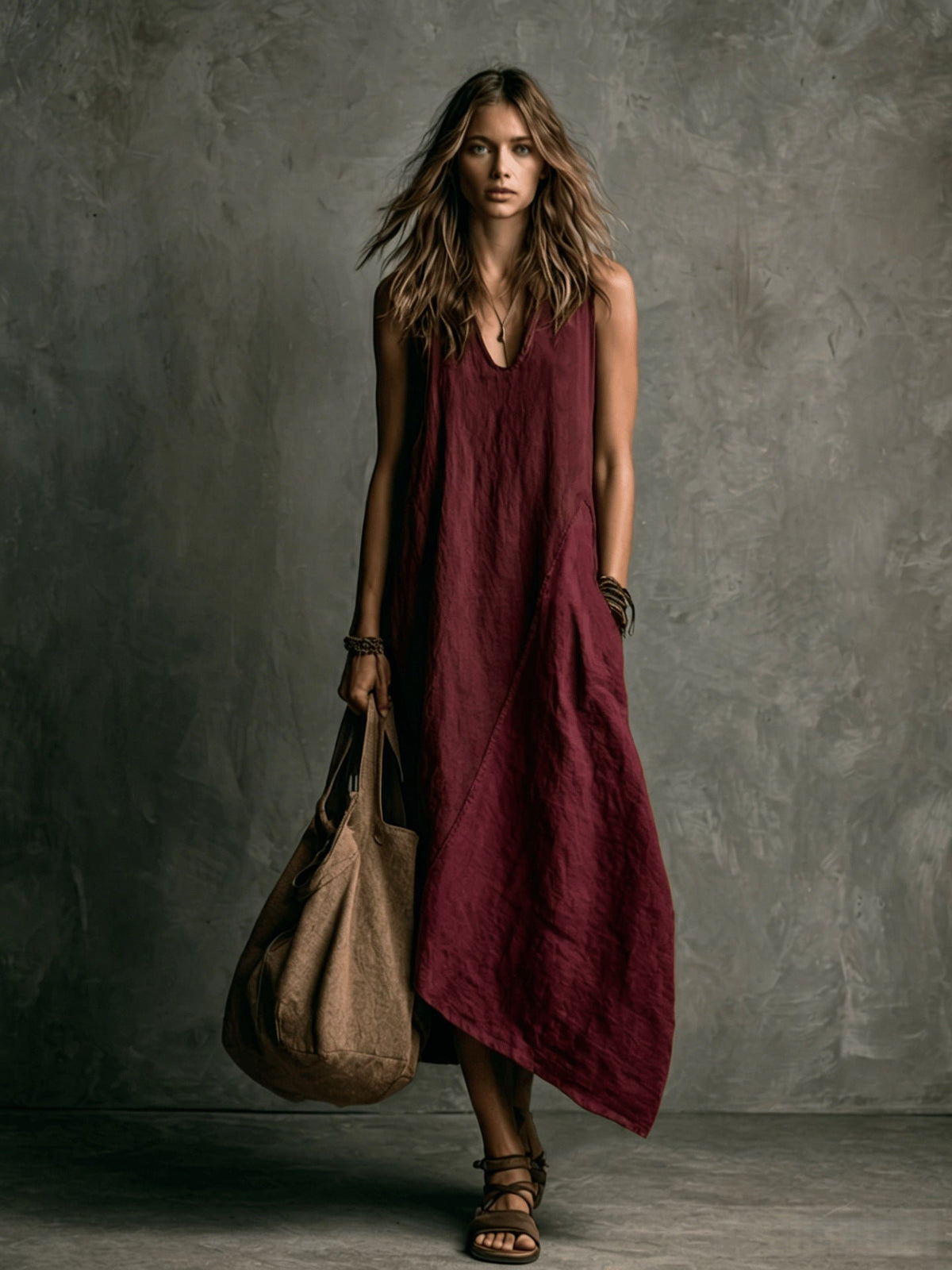 Relaxed Linen Maxi Dress - Burgundy
