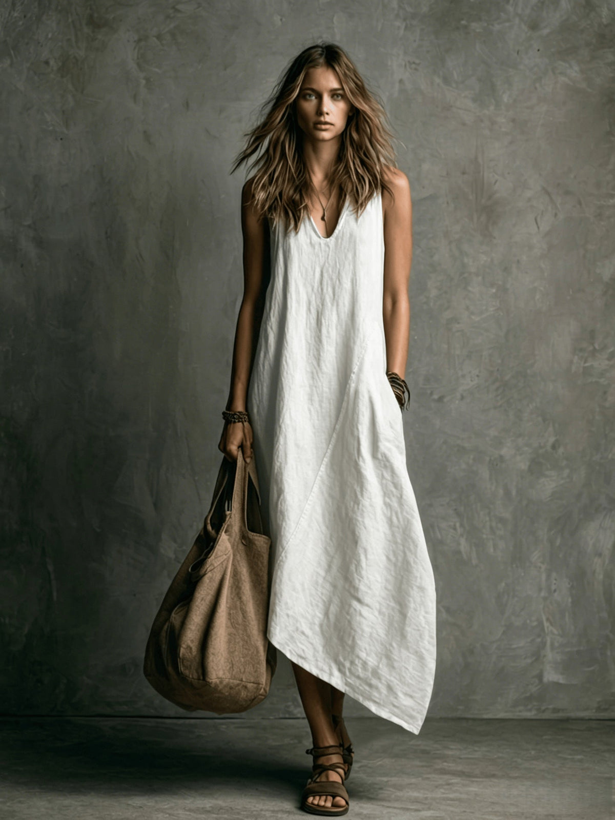Relaxed Linen Maxi Dress - White