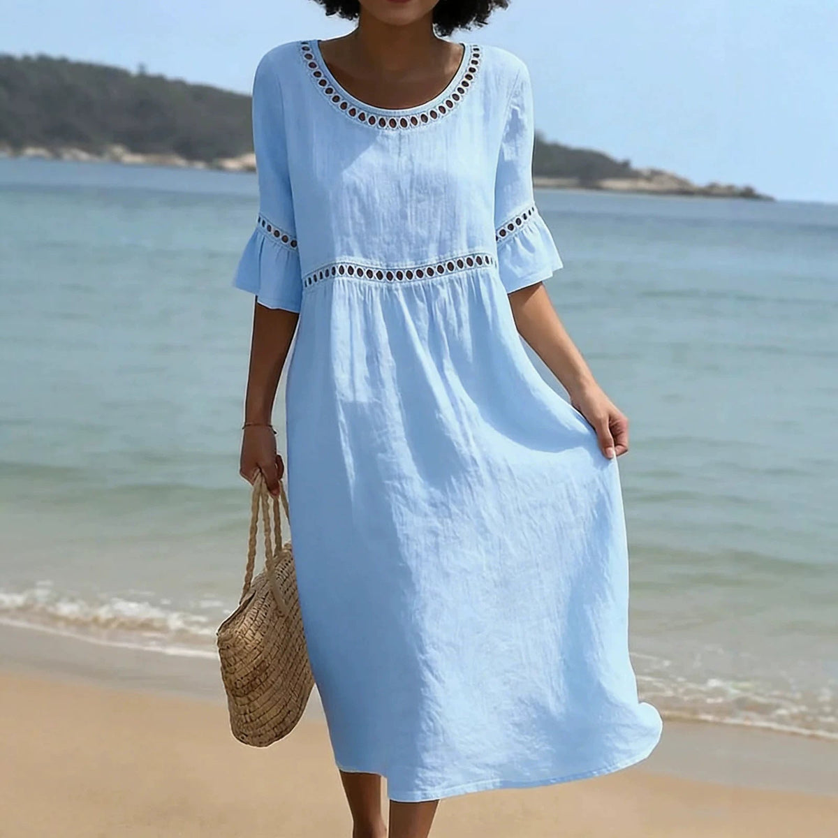 Relaxed Linen Summer Midi Dress - Blue