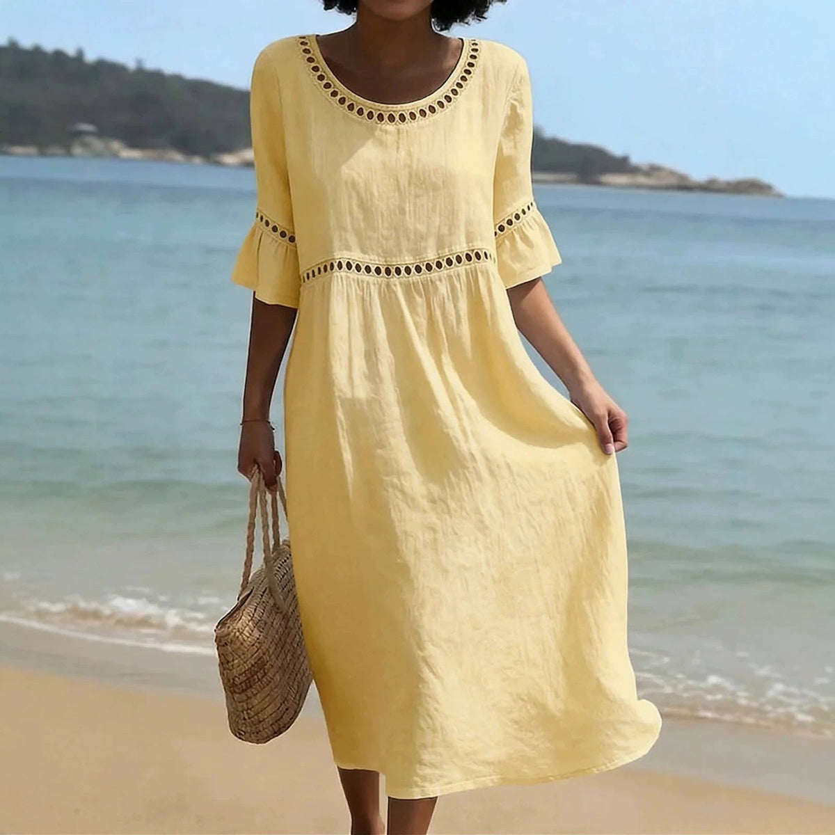Relaxed Linen Summer Midi Dress - Yellow