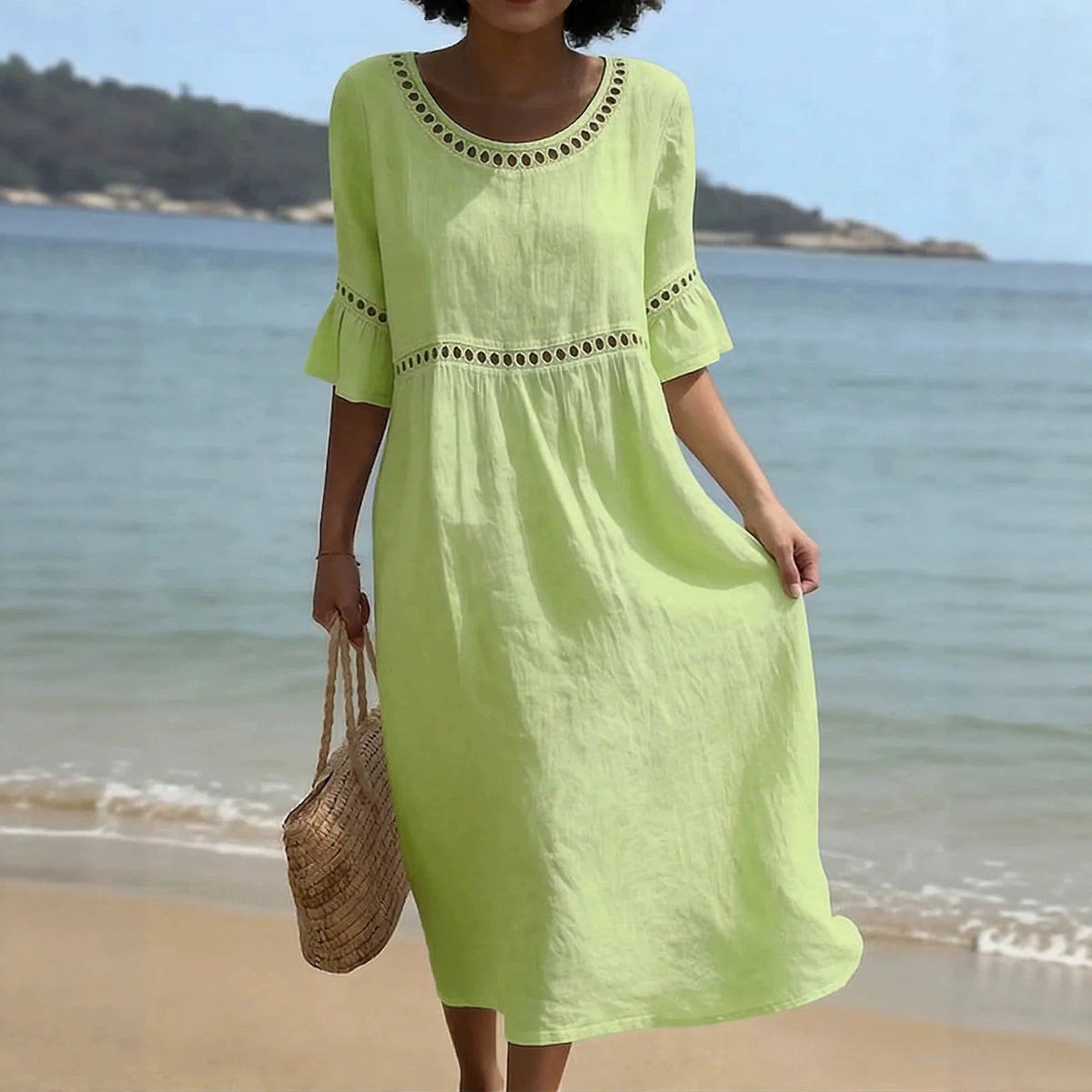 Relaxed Linen Summer Midi Dress - Green