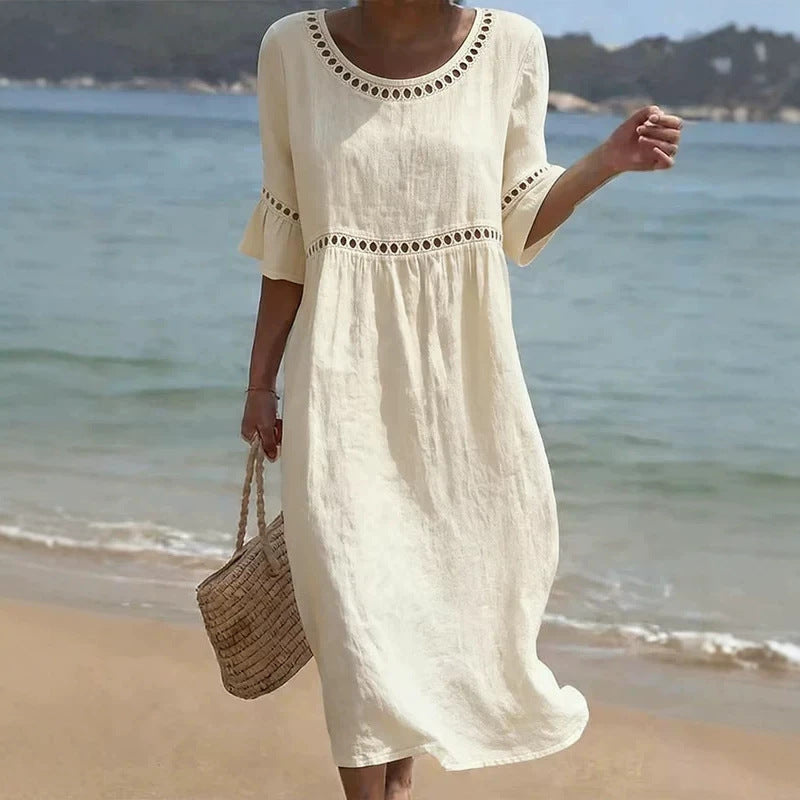 Relaxed Linen Summer Midi Dress - White