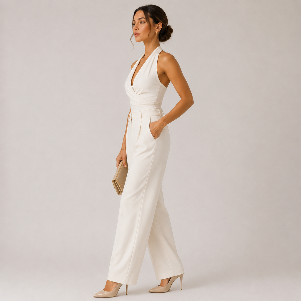 Halter Neck Jumpsuit - White styled