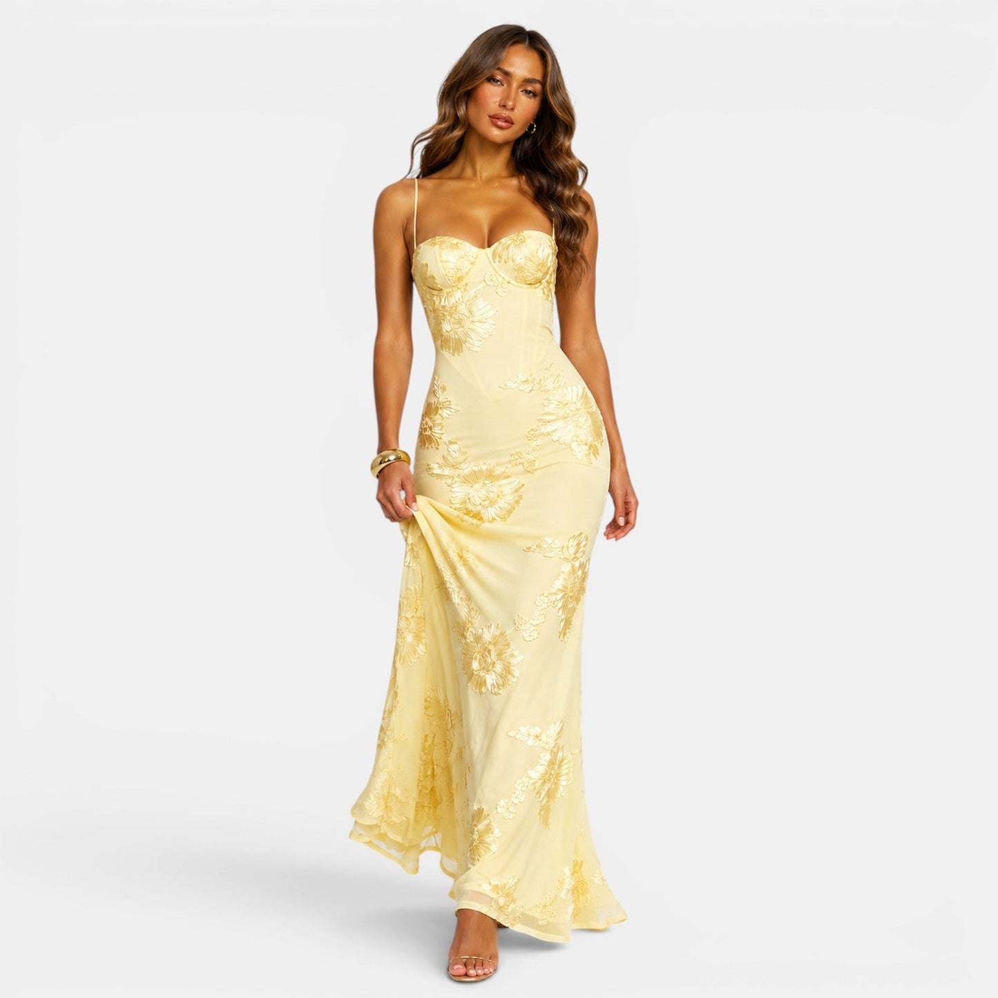 Elegant Floral Evening Dress - Yellow front