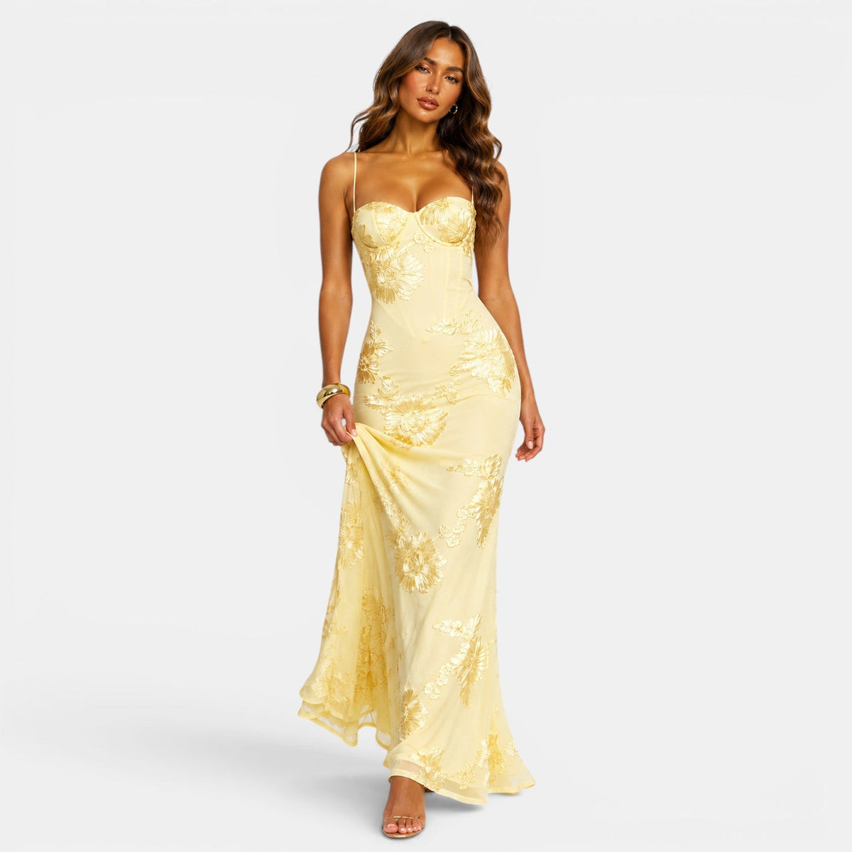 Elegant Floral Evening Dress - Yellow front