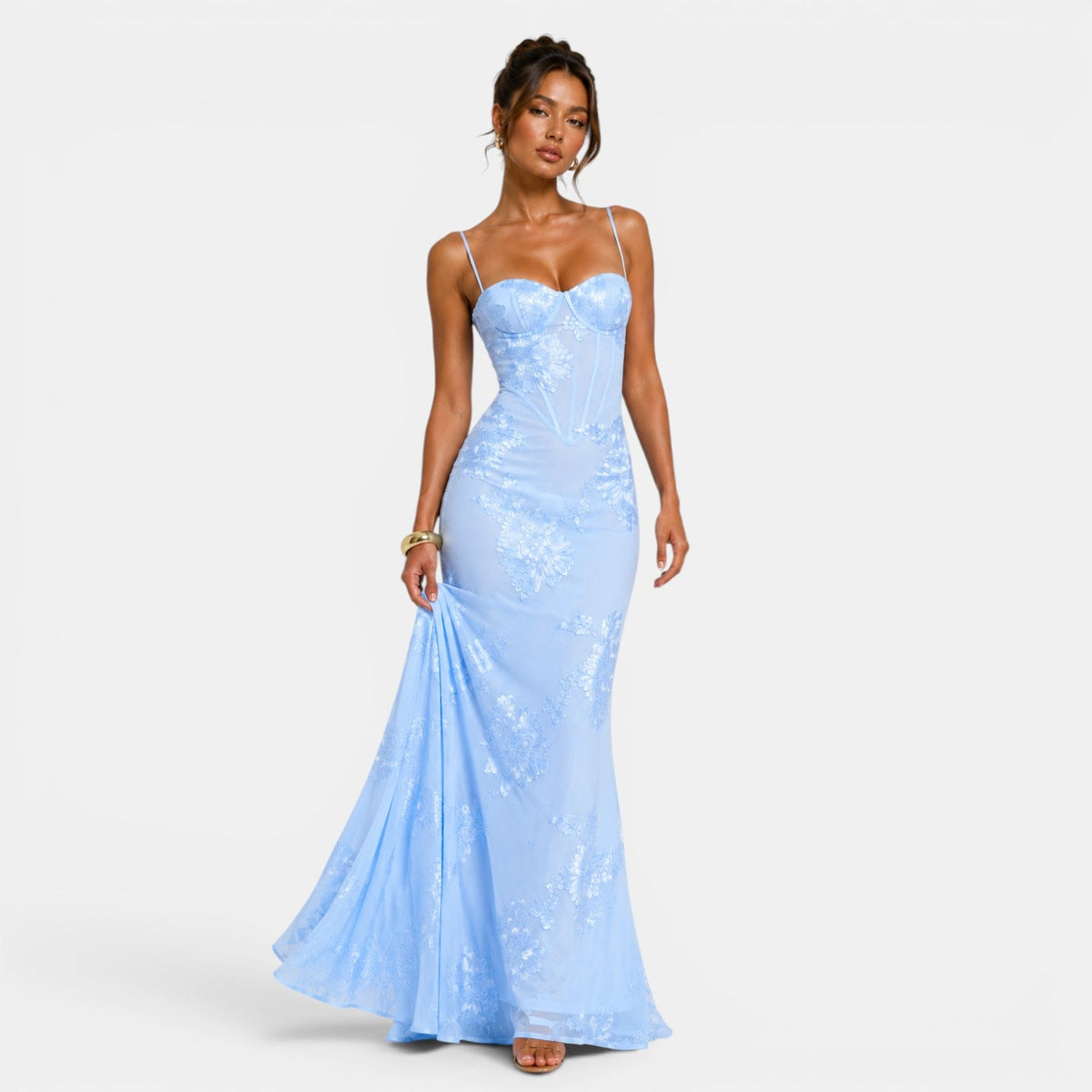 Elegant Floral Evening Dress - Light Blue sequin