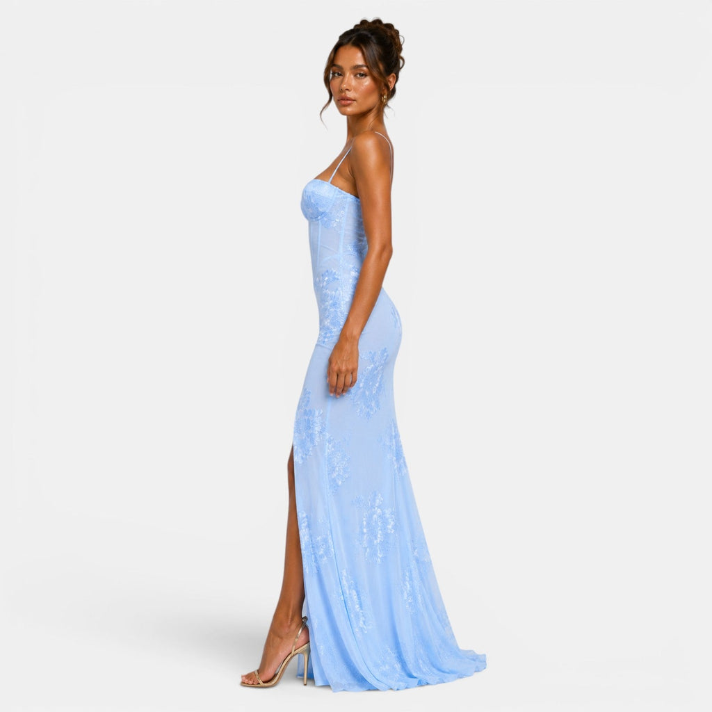 Elegant Floral Evening Dress - Light Blue slit