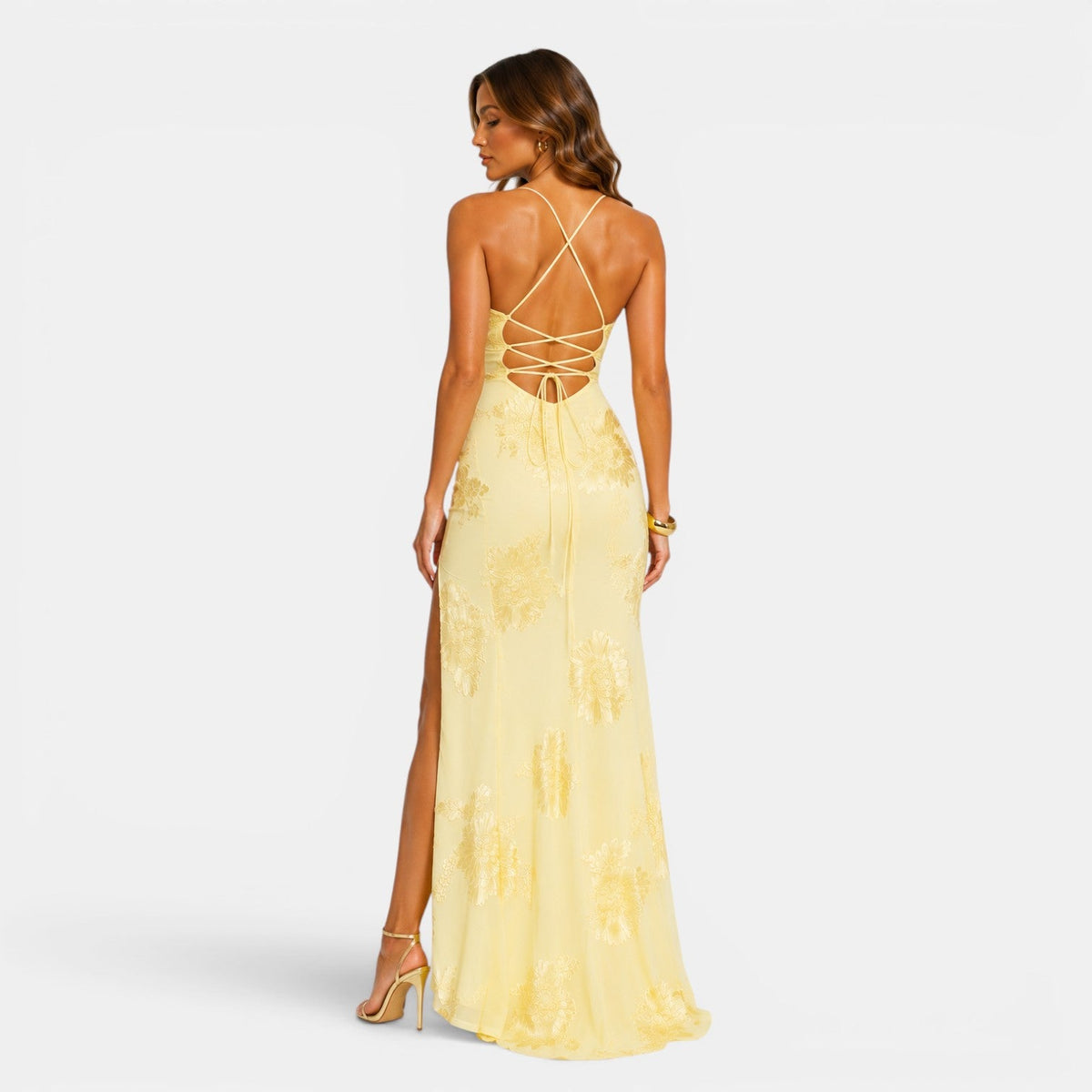 Elegant Floral Evening Dress - Yellow back