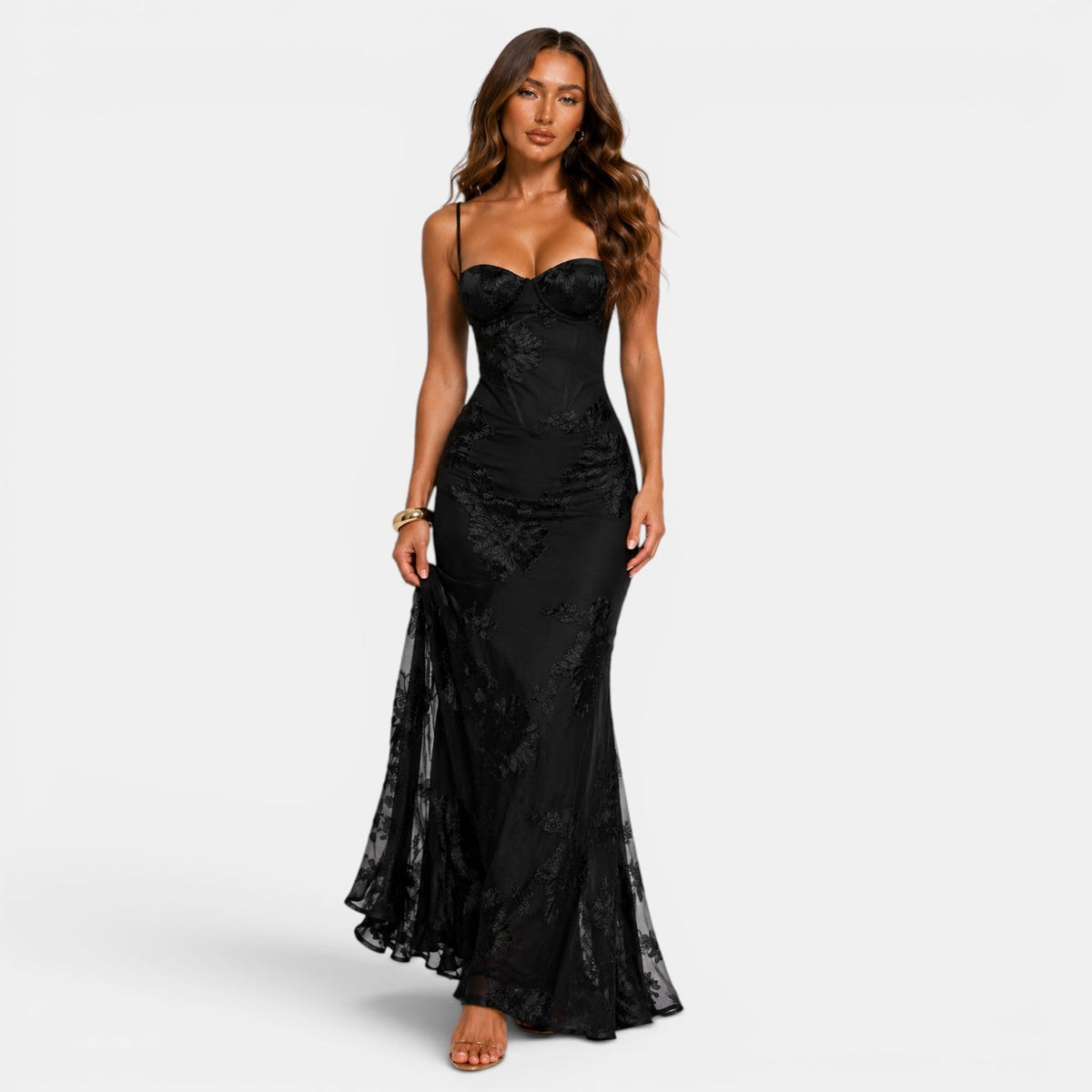 Elegant Floral Evening Dress - Black