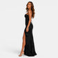 Elegant Floral Evening Dress - Black slit detail