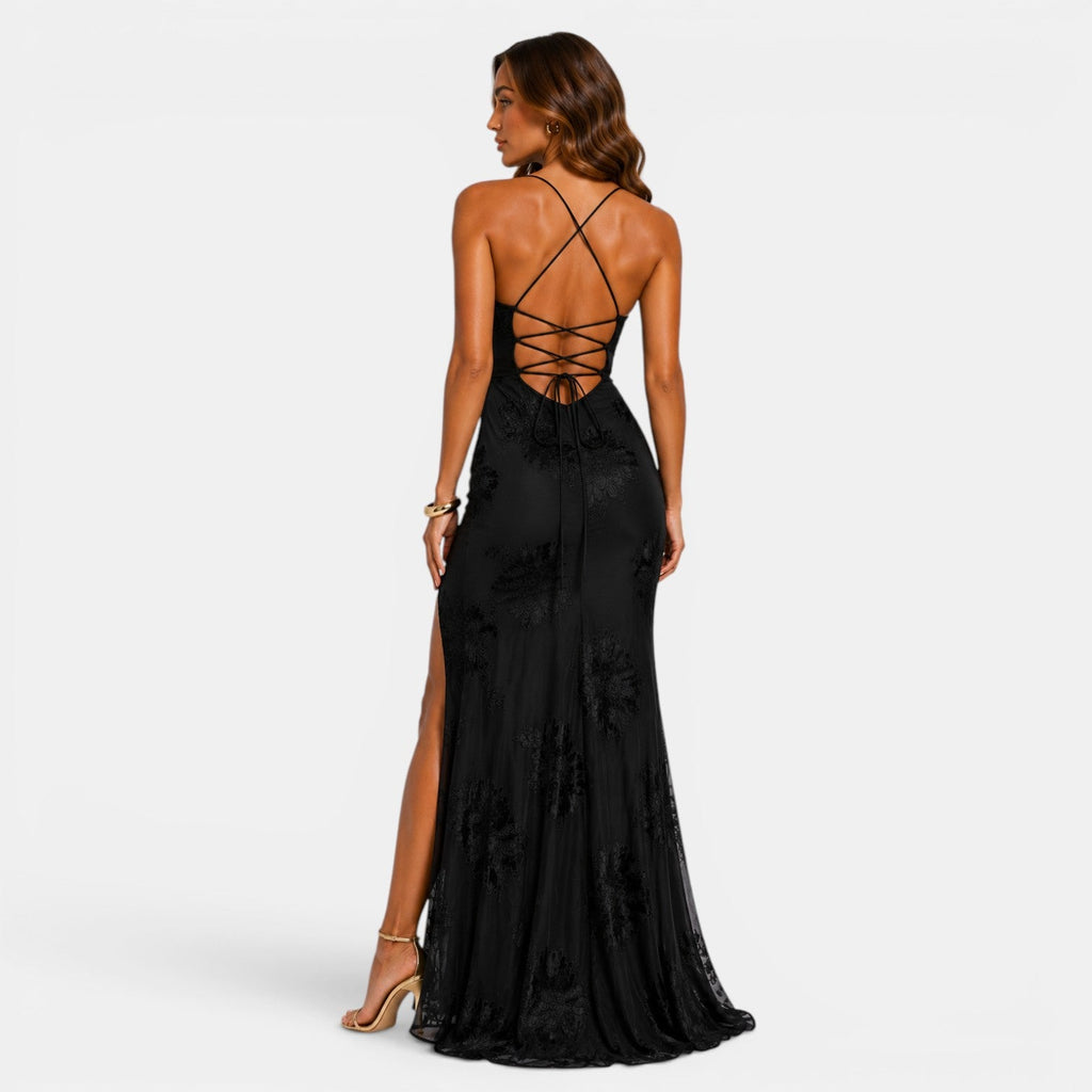 Elegant Floral Evening Dress - Black open back