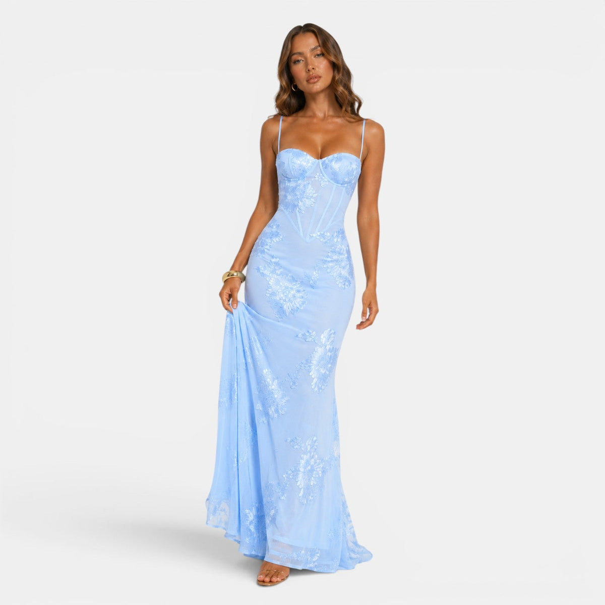 Elegant Floral Evening Dress - Light Blue lace