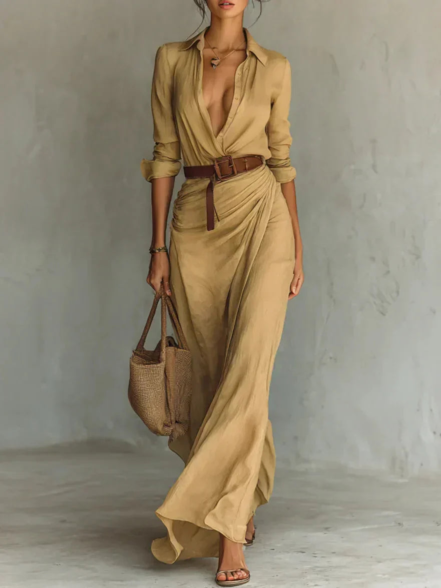 Ruched Maxi Shirt Dress - White